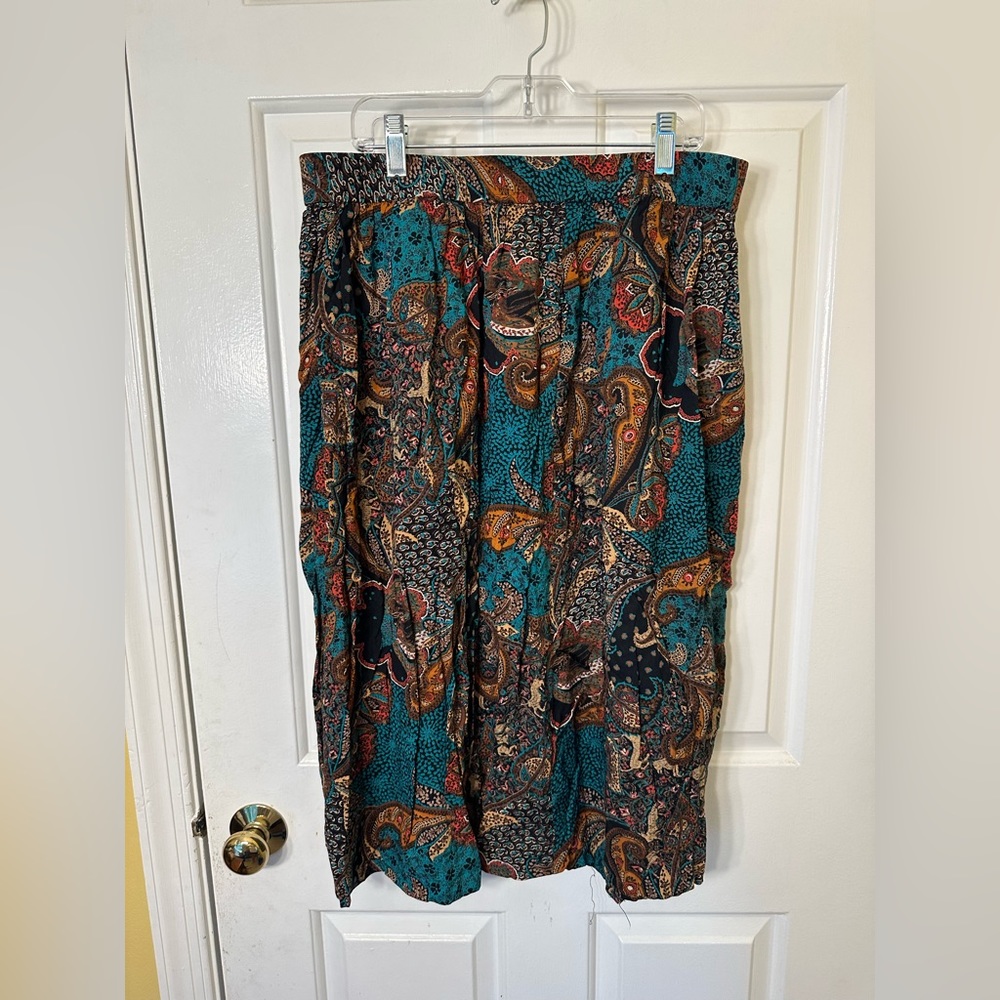Paisley Print Midi Skirt in Teal and Brown